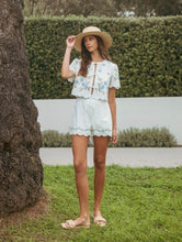 Load image into Gallery viewer, Blue Floral Embroidery Short Set