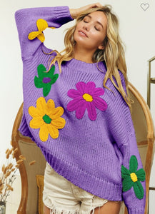 Chunky Mardi Gras Flower Sweater