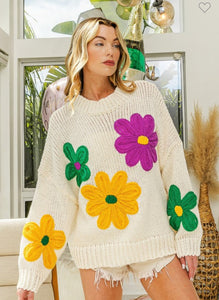 Chunky Mardi Gras Flower Sweater