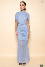 Load image into Gallery viewer, Blue Diagonal Cape Ruch Maxi Dress