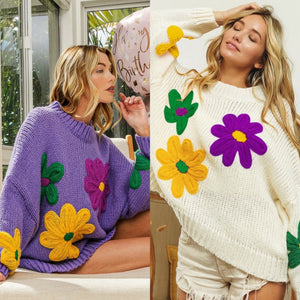 Chunky Mardi Gras Flower Sweater