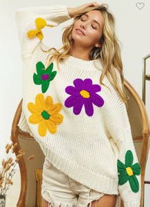 Chunky Mardi Gras Flower Sweater