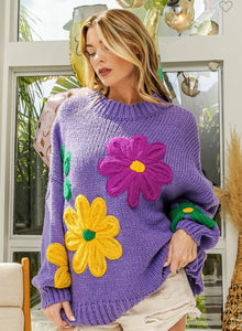 Chunky Mardi Gras Flower Sweater