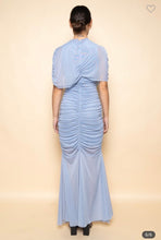 Load image into Gallery viewer, Blue Diagonal Cape Ruch Maxi Dress