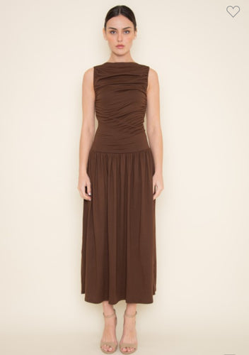 Brown Shirred Jersey Knit Dress