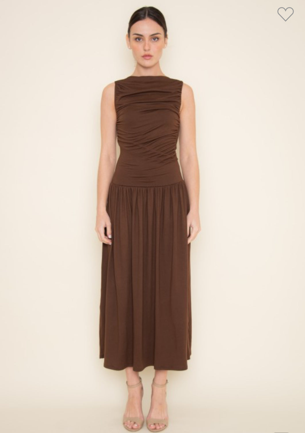 Brown Shirred Jersey Knit Dress