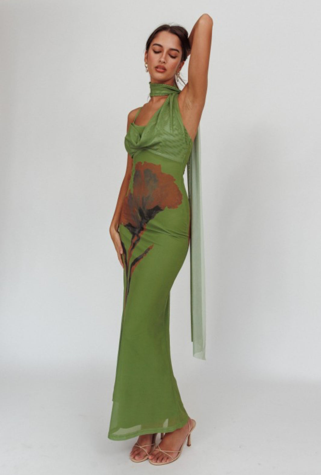 Green Halter Scarf Mesh Maxi Dress