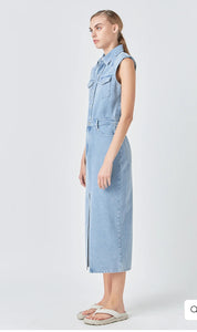 Denim Power Shoulder Maxi Dress