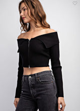 Load image into Gallery viewer, Black Off Shoulder Zip Sweater