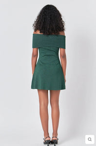 Green Off Shoulder Lurex Mini Dress