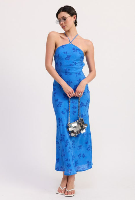 Blue Floral Crossback Midi Dress