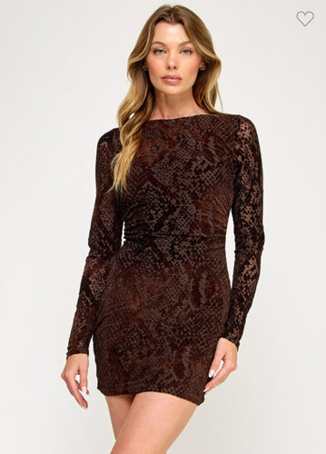 Dark Brown Mesh Long Sleeve Mini Dress