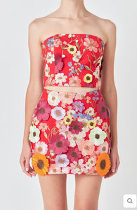 Red Embroidered Strapless Top