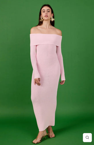 Pink Off Shoulder Long Sleeve Midi Dress