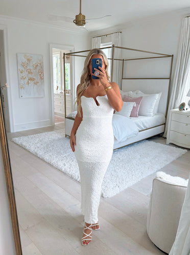 White Textured Strapless Midi Dress