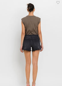 Black High Rise Raw Hem Denim Shorts