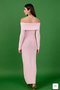 Pink Off Shoulder Long Sleeve Midi Dress