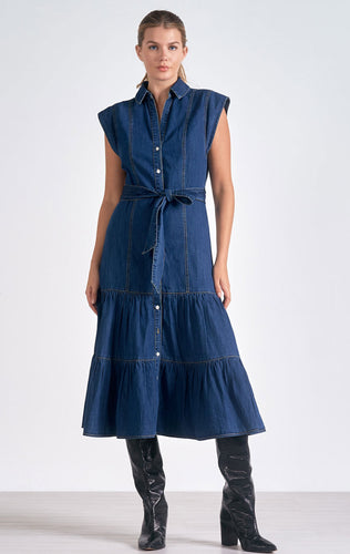 Dark Denim Cap Sleeve Midi Dress