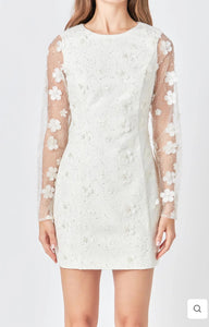 Cream Beaded Overlay Floral Mini Dress