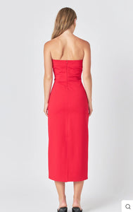 Red Strapless Bow Midi Dress