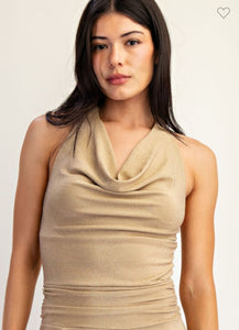 Taupe Gold Lurex Cowl Neck Mini Dress
