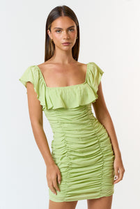 Lime Ruched Mini Dress