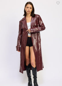 Wine Faux Leather Trench Coat