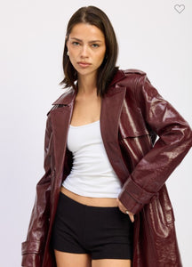 Wine Faux Leather Trench Coat
