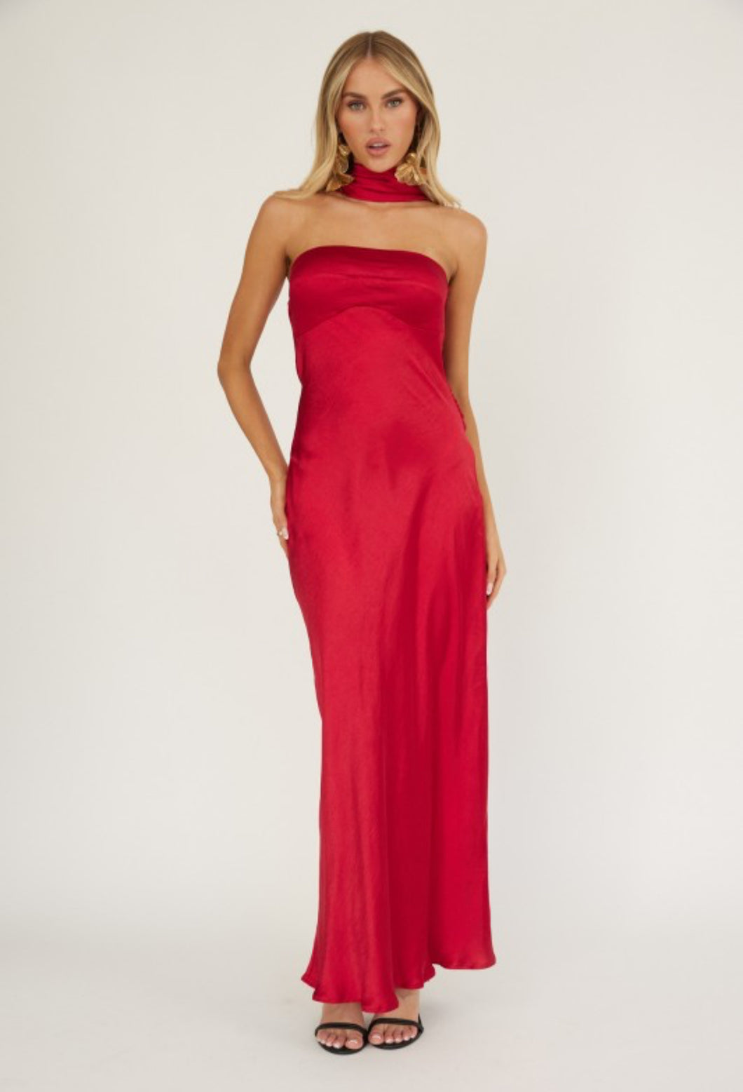 Red Halter Satin Maxi Dress