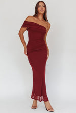 Load image into Gallery viewer, Wine One Shoulder Mesh Maxi Dress