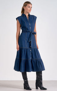 Dark Denim Cap Sleeve Midi Dress