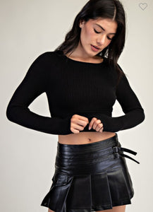 Black Ribbed Tie Detail Crop Sweater