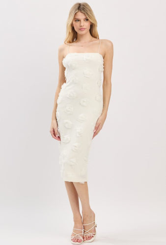Off White 3D Textured Floral Midi Dress