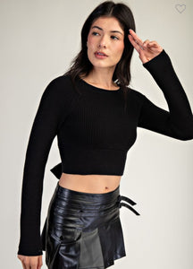 Black Ribbed Tie Detail Crop Sweater