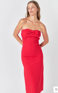 Red Strapless Bow Midi Dress