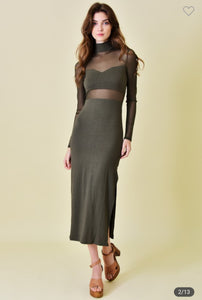 Olive Mesh Midi Dress