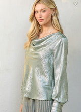 Load image into Gallery viewer, Sage Metallic Cowl Neck Blouse