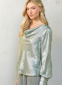 Sage Metallic Cowl Neck Blouse