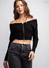 Load image into Gallery viewer, Black Off Shoulder Zip Sweater