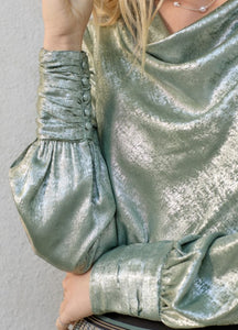 Sage Metallic Cowl Neck Blouse