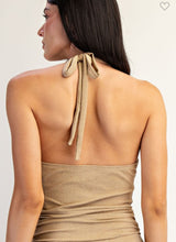 Load image into Gallery viewer, Taupe Gold Lurex Cowl Neck Mini Dress