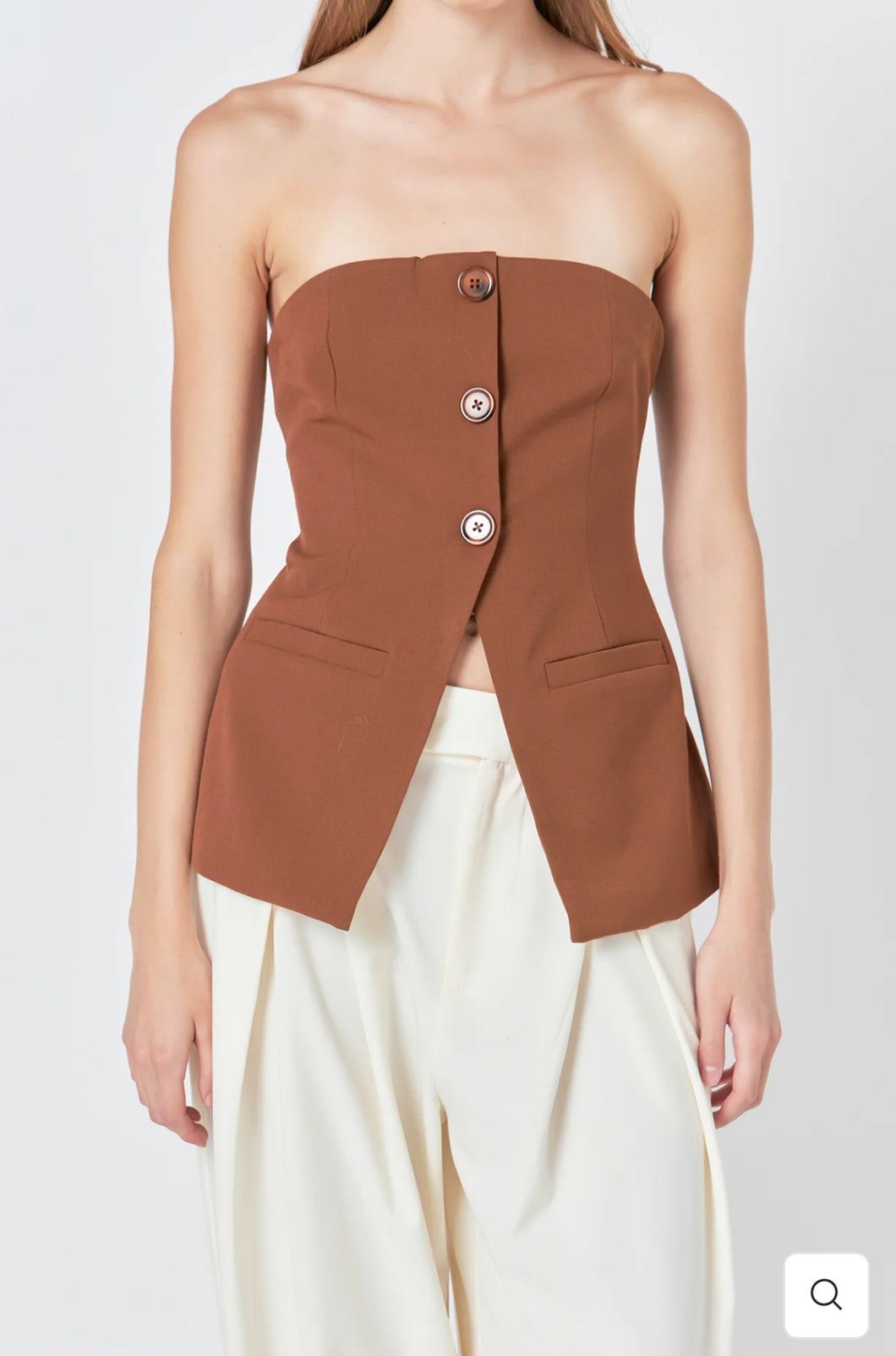 Brown Strapless Buttoned Long Top