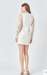 Cream Beaded Overlay Floral Mini Dress