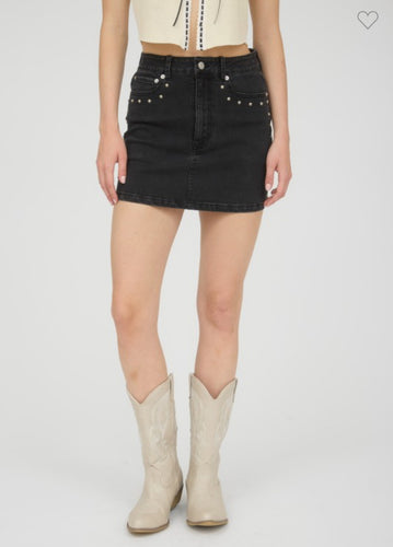 Black Stud Denim Mini Skirt