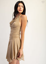 Load image into Gallery viewer, Taupe Gold Lurex Cowl Neck Mini Dress