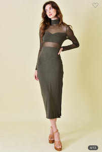 Olive Mesh Midi Dress