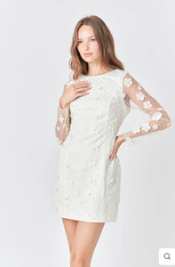 Cream Beaded Overlay Floral Mini Dress