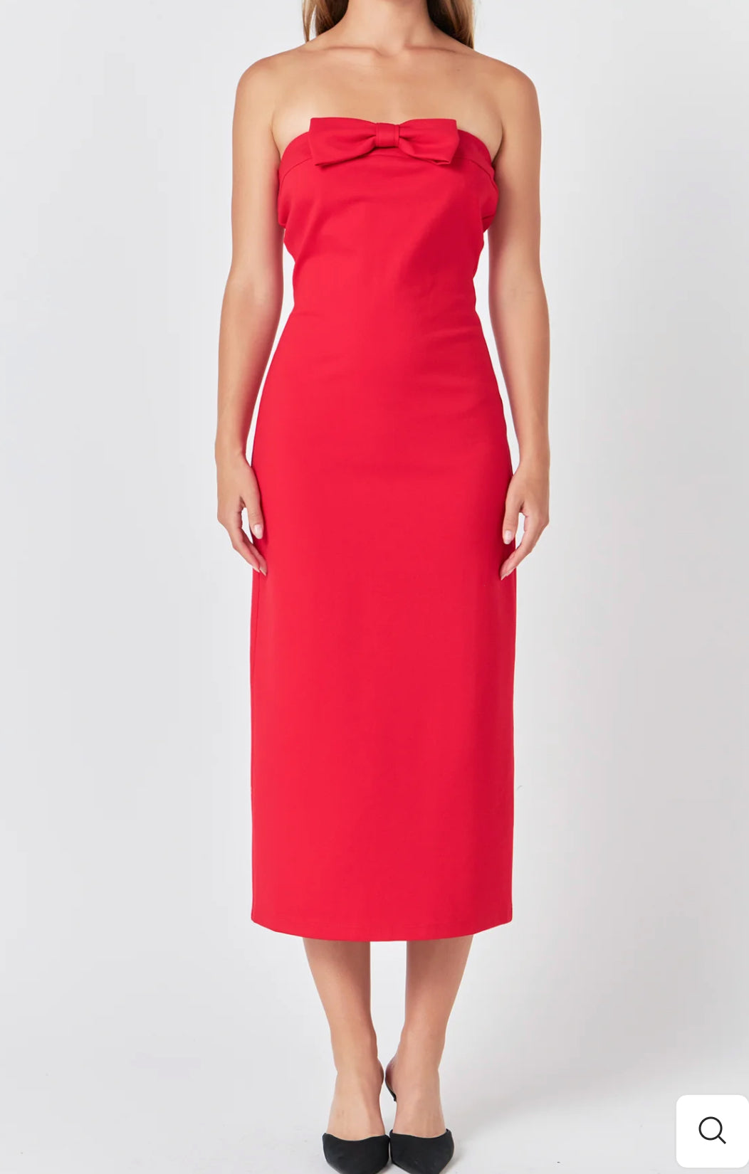 Red Strapless Bow Midi Dress