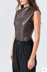 Brown Faux Leather Bodysuit