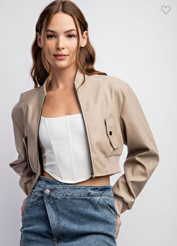 Taupe Faux Leather Bomber Jacket